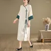 Robes décontractées 2024 printemps été style chinois femmes 3/4 manches lâche robe longue améliorée qipao vintage jacquard col en v P612