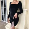 Casual Dresses Women's Velvet Short Sexy Split Party Dress Clubwear Long Sleeve Slim Female Red Bodycon Monochromatic