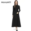 Robes décontractées Monaaiyi piste robe de créateur de mode femme col en V croix plissée ceinture style britannique élégant noir formel 2024