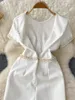 Sukienki imprezowe koreańskie eleganckie kobiety białe sukienkę 2024 Summer O-Neck krótki rękaw Elegancki szczupły imperium przednie podstępne kolano biuro