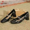 Dress Shoes Vintage Mary Jane Black Patent Leather Pumps Women Fairy Rhinestone Square Toe Silver Thick High Heels Party Luxury