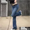 Женские джинсы Y с низкой талией-клеш Женские винтажные узкие джинсовые брюки с вырезом под ботинки Y2K Модная уличная одежда с синим расклешенным низом Прямая доставка Dh69L