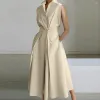 Basic Casual Dresses Soft Dress Waist-Cinching Long Elegant A-Line Midi With Lapel Button Detail High Waist For Formal Commute Women D Dhtvw