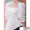 Womens Blouses Shirts Elegant Square Collar Folds Asymmetrical Puff Sleeve Clothing 2024 Summer Loose Korean Tops Irregar Drop Deliver Otigf