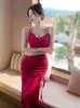 Abiti casual Vintage da donna Sweet Rose Red Slim con coulisse Lace-up Split Pieghettato Summer Club Sexy Backless Long Party Slip