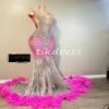 Luxury Pink Evening Dress Diamond Crystal Mermaid Glitter Prom Dresses With Feather Illusion Sequin Black Girls Formell Dress Tassel Sparkly Birthday Vestios Notie