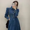 Abiti casual francese retrò blu manica a sbuffo vita sottile abito di jeans donna 2024 primavera estate moda tutto coordinato A-line lungo