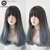 Parrucche sintetiche 7jhh parrucche lunghe parrucche dritte con botto per donne omber blu blu hacinetico capelli afroamericani preferiti femminile wig full yig y240401