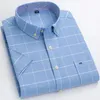 100% Cotton Breattable Men Oxford Short Sleeve Summer Plaid Randig Male Shirt Busination Regular Fit Overdimensionerade kläder 240318