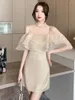 Party Dresses Eelgant Champagne Dress Women's 2024 Summer Off the Shoulder Backless Puff Organza Ruffles Collar Fine Sparkling Short