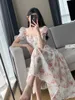 Koreansk sommarmode chiffong blommig klänning kvinnor avslappnad a-line fairy party midi vestidos kvinnlig vintage strand kort ärmrock 240320