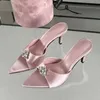 Dress Shoes Summer Fashion Crystal Buckle Satin Women Slippers Slip On Ladies Sandals Thin High Heels les Outdoor Dress Slides Shoes H240401