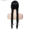 Synthetic Wigs Black Wig with Two Long Braided Piils for Woman Party Wig Daily Wig Cosplay Wig (Black) Y240401