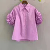 Women's Blouses 2024 Summer Fashion Shirts High Quality Women Turn-down Collar Ruffle Flowers Short Sleeve Casaul Purple Green White Red