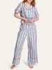 Домашняя одежда, женский полосатый пижамный комплект из 2 предметов, блузка на пуговицах с длинными рукавами, широкие брюки для отдыха, комплекты летней модной одежды для сна