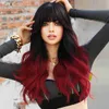 Syntetiska peruker namm lång vågig ombre svart till röd peruk för kvinnor dagligen cosplay party syntetisk lavendel hår peruk med fluffiga lugg värmebeständig y240401