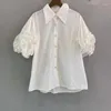 Women's Blouses 2024 Summer Fashion Shirts High Quality Women Turn-down Collar Ruffle Flowers Short Sleeve Casaul Purple Green White Red