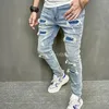 Męskie dżinsy ułożone w stosy męskie otwory streetwearu chude męskie stylowe rozryte solidne spodni hip hop Slim Denim Spoders