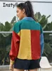 Autunno manica lunga color block giacche da donna vintage harajuku hit velluto a coste bomber da baseball cappotto streetwear 240319