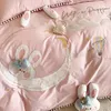 Bedding Sets Pink Cute Cartoon Moon Embroidery Cotton Girls Set White Ball Edge Duvet Cover Bed Sheet Pillowcases