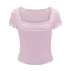 Women's T Shirts 2024 Summer Ruched Croped Tops Solid Color Short Sleeve Square Neck Slim Show Navel T-shirt