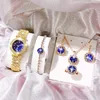 Montres-bracelets 5pcs montres de luxe pour femmes en acier décontracté strass dames montre-bracelet à quartz collier en cristal bague boucles d'oreilles bijoux ensemble boîte