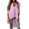 Blouses Femmes 2024 Élégant Longue Chemise Femmes Casual Couleur Unie Manches Chemisier Élégant Haut Bas Bouton Chemise Vintag Revers Top Baggy Blusa