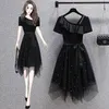 Party Dresses Pearl Luxury Festival Black for Women 2024 Summer Short Sleeve Chic and Elegant Tutu Mesh Female Clothing