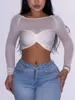 Women's T Shirts 2024 Arrival White Lace See Through Sweet Short Style O- Neck Full Sleeve Sexy Club High Waist Women Skinny Tees