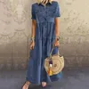 Party Dresses Plus Size XL Retro Long Loose Pockets Button Vintage Denim Casual Women Summer Short Sleeve Turn Down Collar Dress