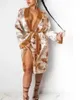 5xox Sexy Pyjama Womens Satin Robe Trendy Dollar Print Long Sleeve Silky Kimono Bademantel Nachtwäsche mit Gürtel 2404101