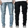 Jeans Men Pants Wash Solid Color Multi Pockets Denim Mid Waist Cargo Plus Size Fahsion Casual Trousers Male Daily Wear 240318