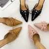 Dress Shoes Rivet High Heel Slippers Women Bow Pointed Pumps Fashion Designer Mule Suede Stiletto Slingback Sandals Female