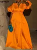 فساتين أساسية غير رسمية Vonda 2024 Satin Satin Silk Maxi Dress Summer Women Short Puff Sundress Long Bohemian Pleated Vestidos YQ240402