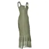 Casual Dresses Women Widen Strap Square Neck Zip Up Slim Fit Fishtail Hem Dress Ruched Bodycon Sleeveless Party For Cocktail