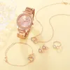 Wristwatches 6PCS Set Rose Gold Luxury Watch Women Ring Necklace Earring Rhinestone Fashion Wristwatch Casual Ladies Bracelet Watches