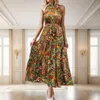 Vestidos casuais mulheres sem mangas halter pescoço maxi vestido verão vintage floral impressão alta cintura longa mulheres plus size