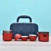 Teegeschirr-Sets, chinesisches Outdoor-Reise-Tee-Set, tragbar, integrierte Aufbewahrung – 1 Kanne, 4 Tassen Dose, blaue Hand-Ledertasche