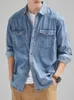 2024 Camicia da uomo in cotone denim a maniche lunghe Nero Blu Tasche con bottoni sulla spalla abbassata Camicie jeans da lavoro casual allentate da cowboy 240326