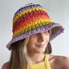 女性のためのカラフルな麦わら帽子手作りバケツハット春の夏の日陰の帽子旅行キャップ屋外シェード折りたたみ可能な織物帽子240314