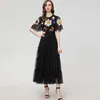 Women's Runway Dresses O Neck Short Sleeves Sequined Floral Elegant Designer Layered Party Prom Vestidos Evening Gown