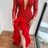 Party Dresses Sequins Paillette Women Prom Dress Deep V-Neck Ball Gown Elegant Red Long Sleeve Middle Waist Evening Arrival In Stock