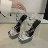 Dress Shoes 2024 New Fashion Buckle Bowknot Transparent Sandals Women Clear Platform Shoe Sexy Square Toe Pole Dance Chunky High Heels H240401DQNC