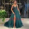 Beading Crystal Long Evening Dresses Sexy V Neck Plunging Sheer Spaghetti Straps Side Slit Formal Prom Party Gown for Women 240401