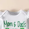 Conjuntos de roupas Baby Girl Outfit Manga Longa Letras Shamrock Imprimir Romper com Calças Flare Xadrez e Headband Roupas de Férias Conjunto