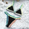 Bikini 2 szt./Zestaw kąpielowy garnitur jasny kolor patchwork ręcznie robione szydełkowe kobiety kąpielowe na plażę wakacyjną seksowną letnią stroje kąpielowe 240321