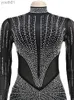 Podstawowe sukienki swobodne Beyprern wspaniały czarny ren Sheer Sher Envening for Women Seck Neck Crystal Maxi Party Night Club Stroje YQ240402