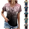 T-shirt manches courtes col en v pour femme, haut court et surdimensionné, imprimé à la mode, avec boutons plissés, vente de vêtements