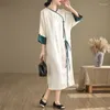 Robes décontractées 2024 printemps été style chinois femmes 3/4 manches lâche robe longue améliorée qipao vintage jacquard col en v P612