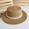 Berets Wholesale Super Quality Summer Cowboy Floppy Cloche Color Matching Panama Acrylic Chain Straw Hat Fedora Beach Cap